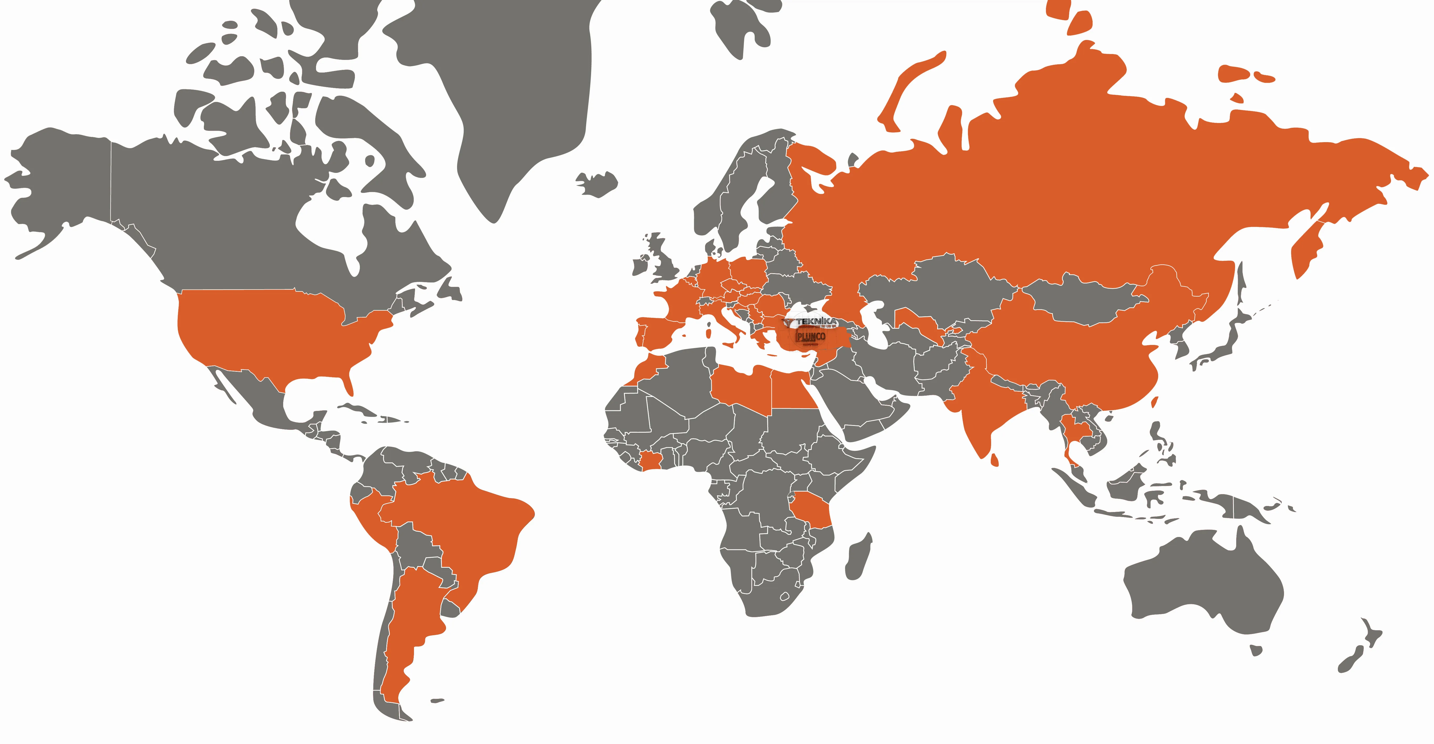 World map showing countries currently supplied by Plunco